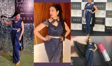 Pooja Misra looks like the ultimate fashion icon on Day 1 of Lakme Fashion Week x FDCI in a navy blue drape!